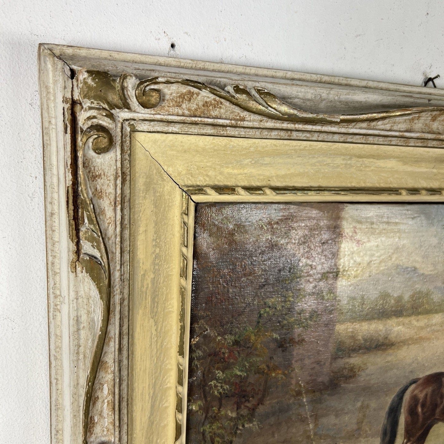 Quadro Antico Dipinto a olio su tela Cavallo Cane Scenario Bucolico Firmato 900 Categoria Quadri