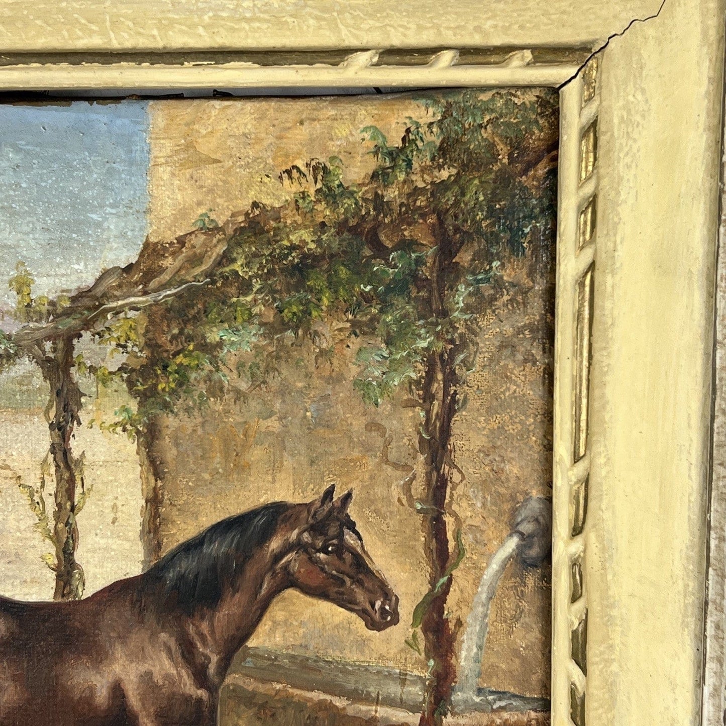 Quadro Antico Dipinto a olio su tela Cavallo Cane Scenario Bucolico Firmato 900 Categoria Quadri