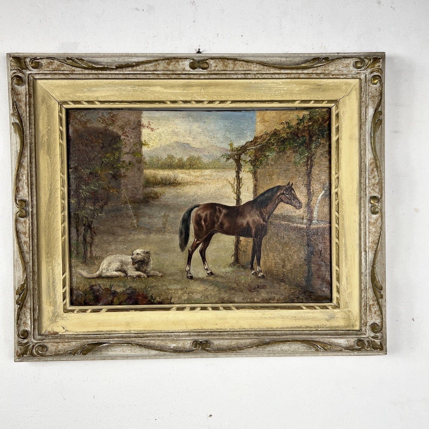 Quadro Antico Dipinto a olio su tela Cavallo Cane Scenario Bucolico Firmato 900 Categoria Quadri