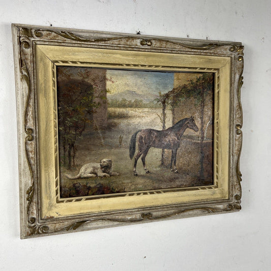 Quadro Antico Dipinto a olio su tela Cavallo Cane Scenario Bucolico Firmato 900 Categoria Quadri