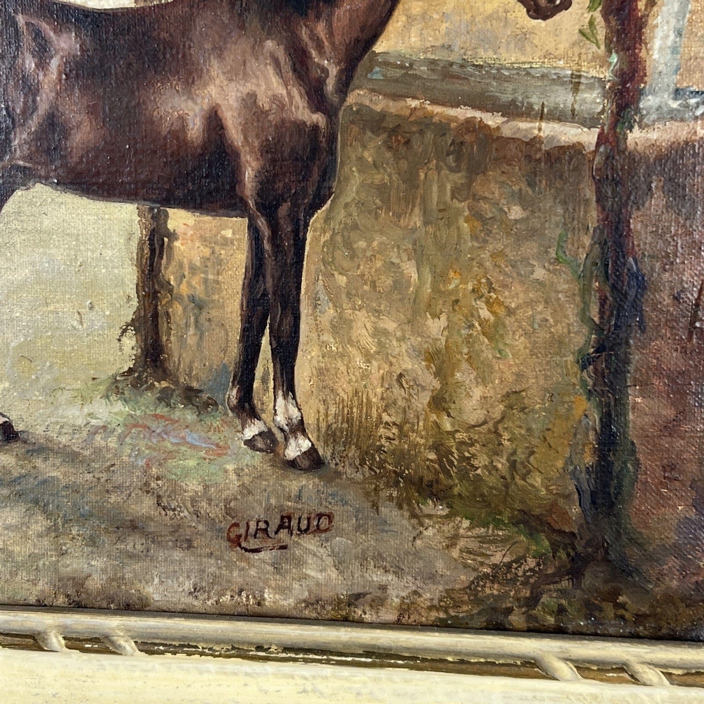 Quadro Antico Dipinto a olio su tela Cavallo Cane Scenario Bucolico Firmato 900 Categoria Quadri