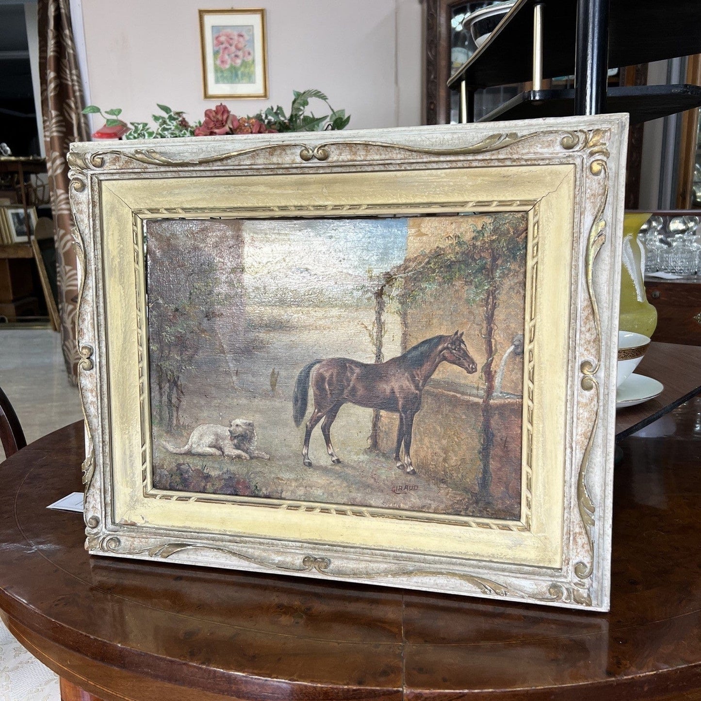 Quadro Antico Dipinto a olio su tela Cavallo Cane Scenario Bucolico Firmato 900 Categoria Quadri