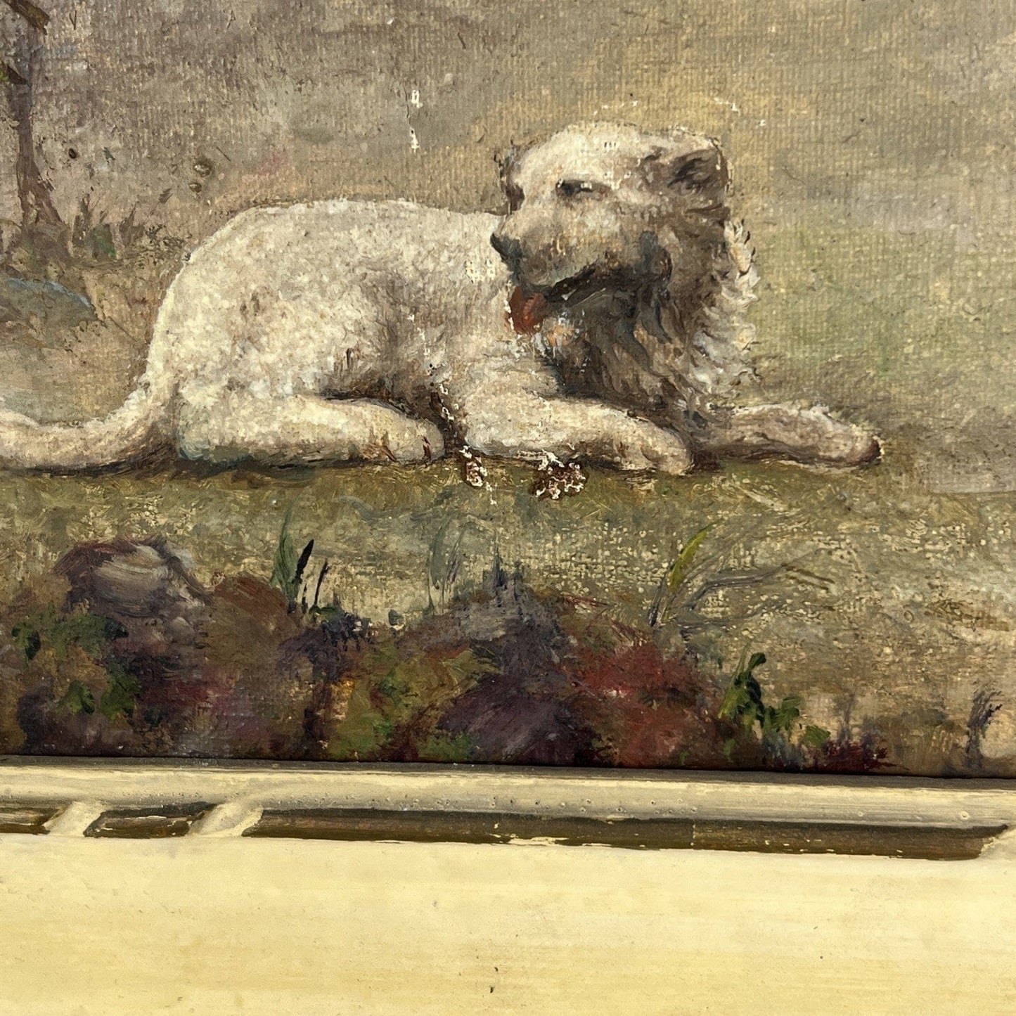 Quadro Antico Dipinto a olio su tela Cavallo Cane Scenario Bucolico Firmato 900 Categoria Quadri