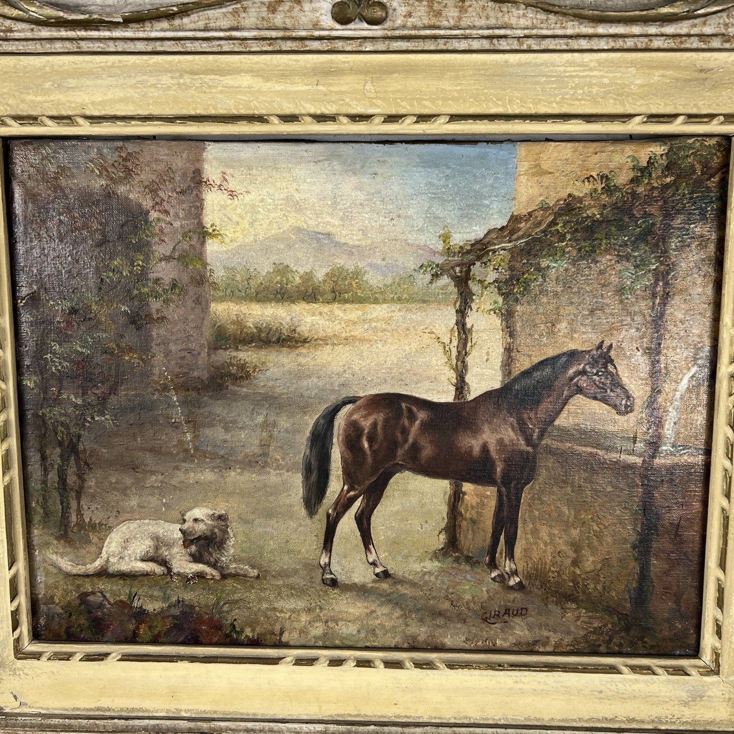 Quadro Antico Dipinto a olio su tela Cavallo Cane Scenario Bucolico Firmato 900 Categoria Quadri