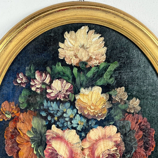 Quadro Antico Dipinto a olio su tela natura morta con fiori cornice oro ovale Categoria Quadri