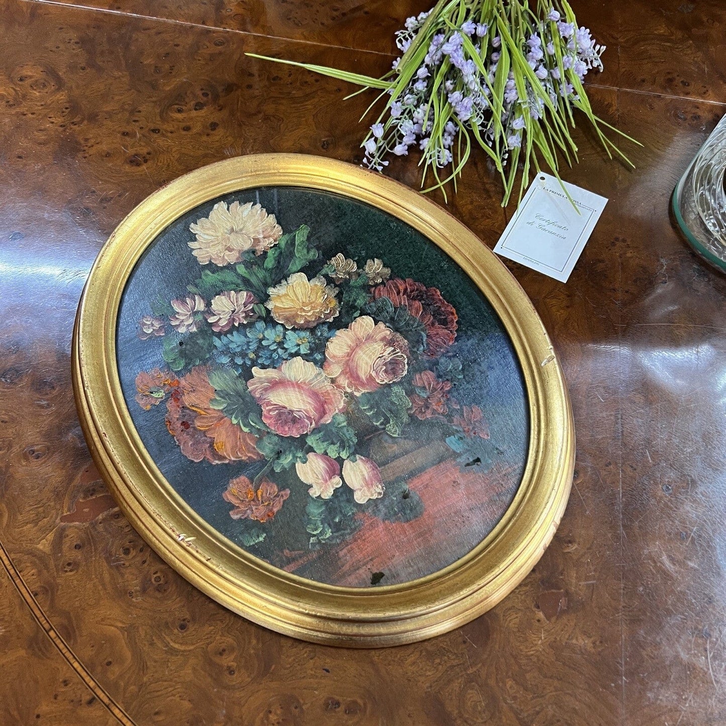 Quadro Antico Dipinto a olio su tela natura morta con fiori cornice oro ovale Categoria Quadri