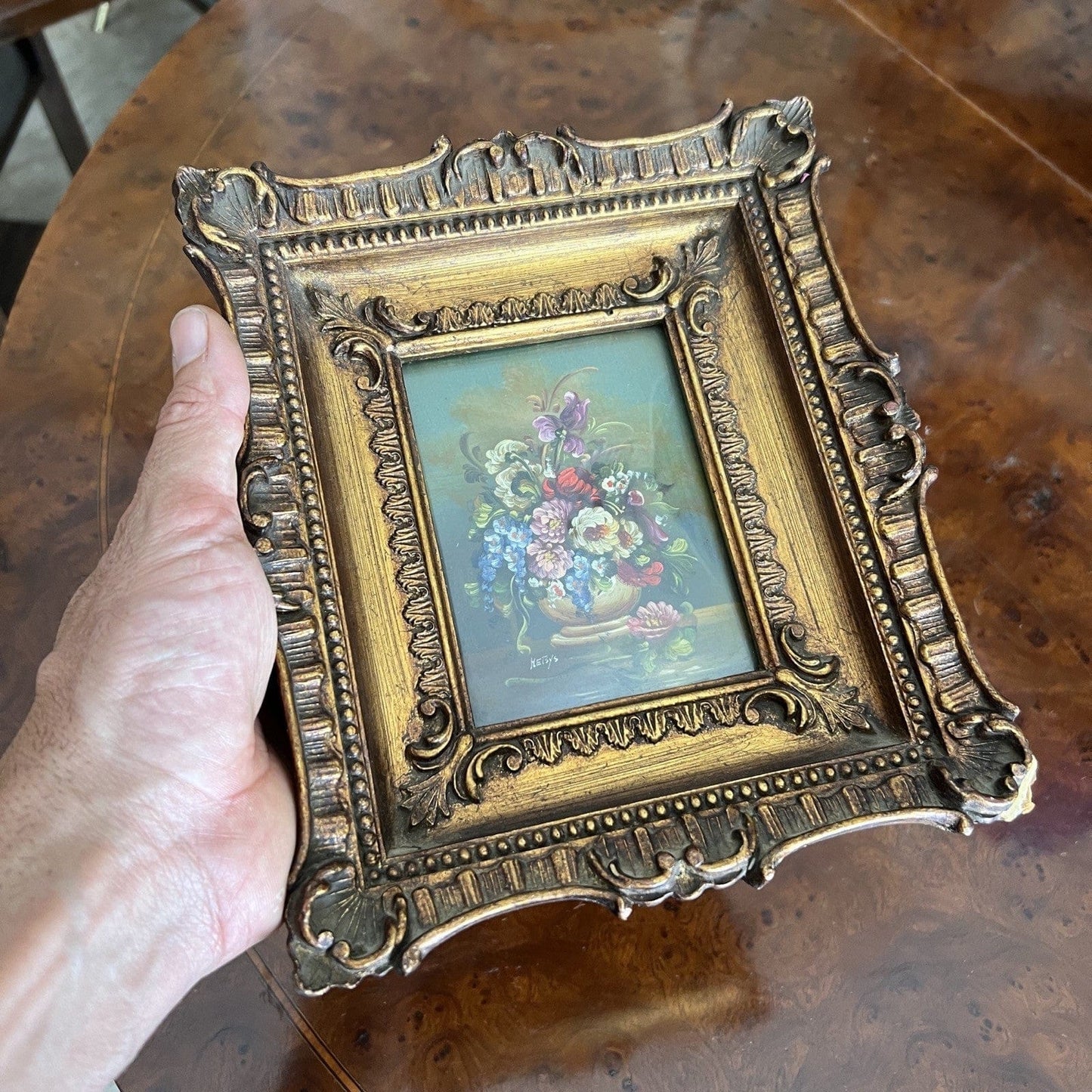 Quadro Antico dipinto Fiori a olio su rame Quadretto con cornice oro Firmato Categoria Quadri