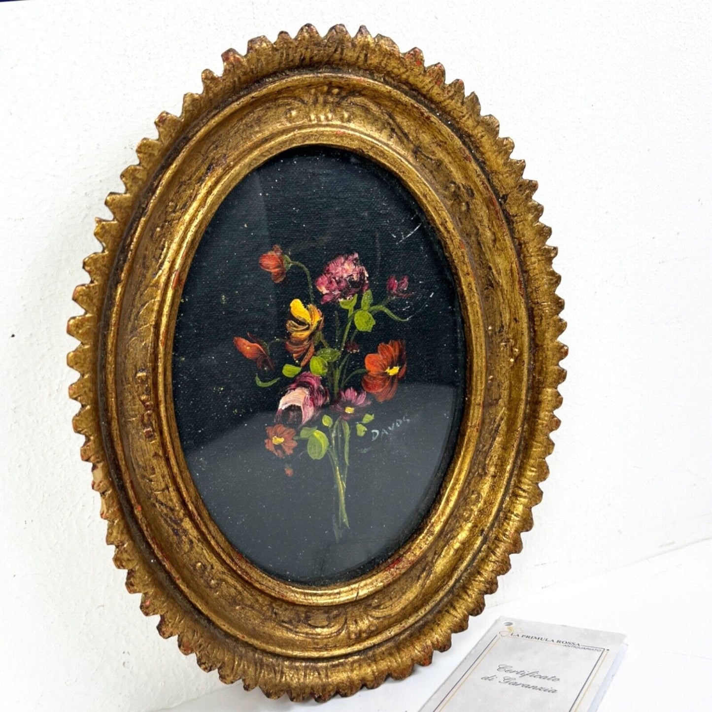Quadro dipinto a olio firmato quadretto in miniatura ovale oro fiori antico Categoria Quadri