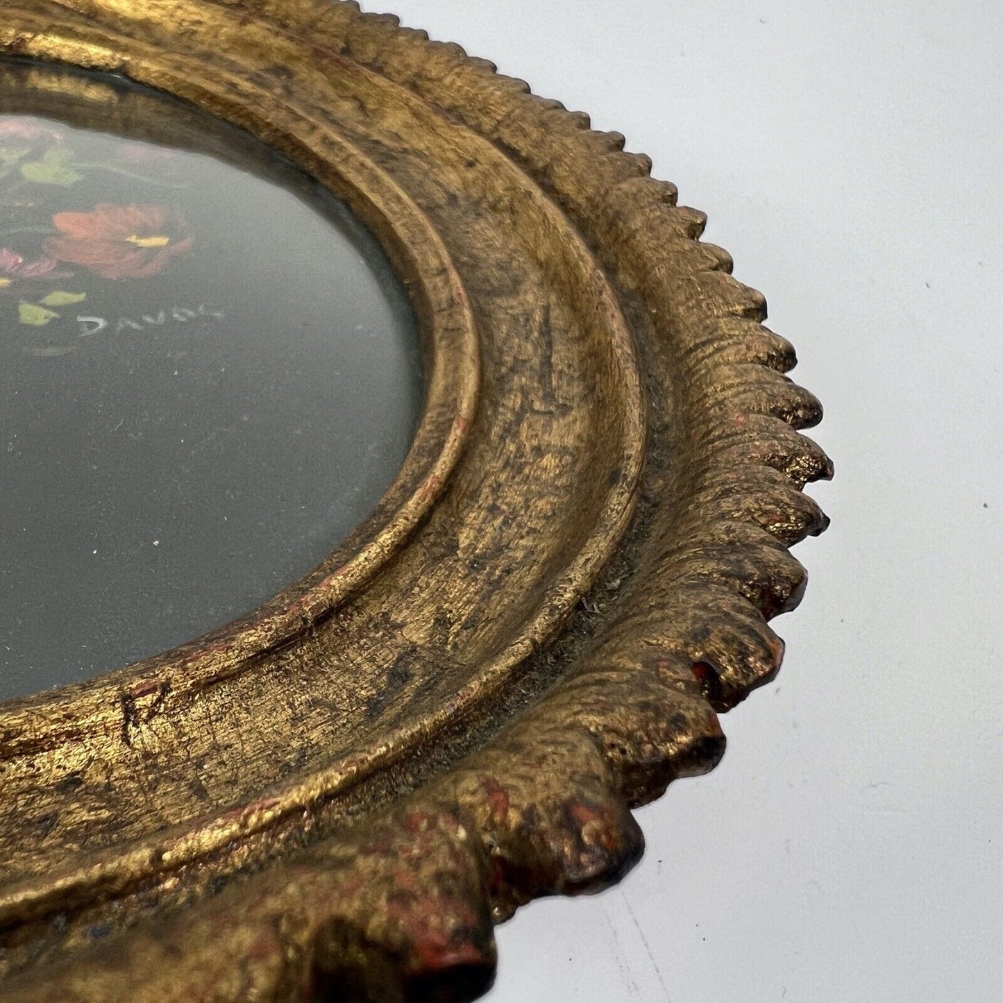 Quadro dipinto a olio firmato quadretto in miniatura ovale oro fiori antico Categoria Quadri
