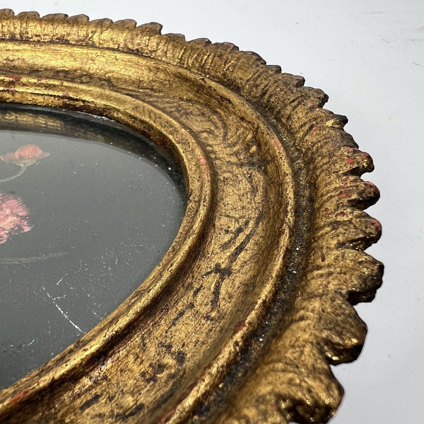 Quadro dipinto a olio firmato quadretto in miniatura ovale oro fiori antico Categoria Quadri