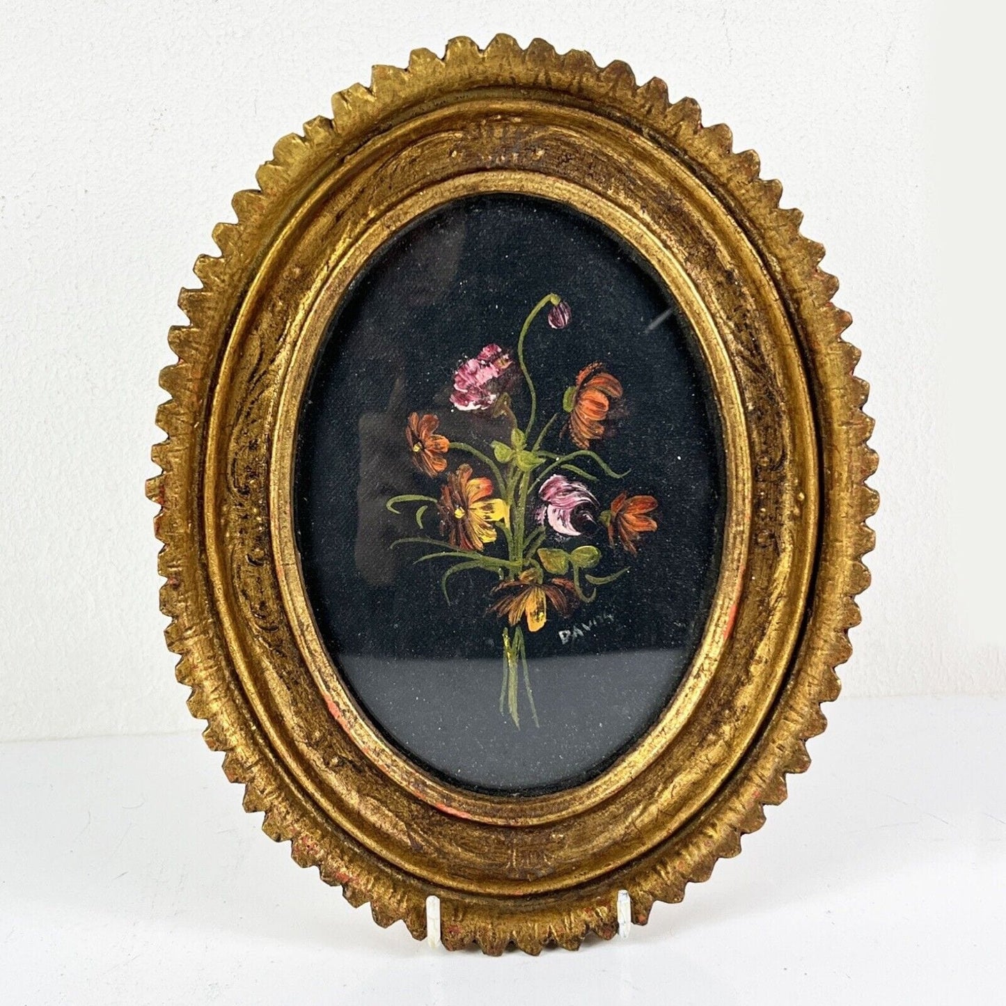 Quadro dipinto a olio firmato quadretto in miniatura ovale oro fiori antico Categoria Quadri