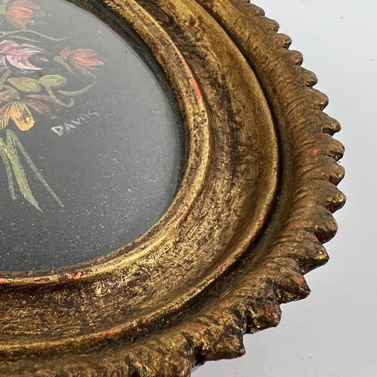 Quadro dipinto a olio firmato quadretto in miniatura ovale oro fiori antico Categoria Quadri