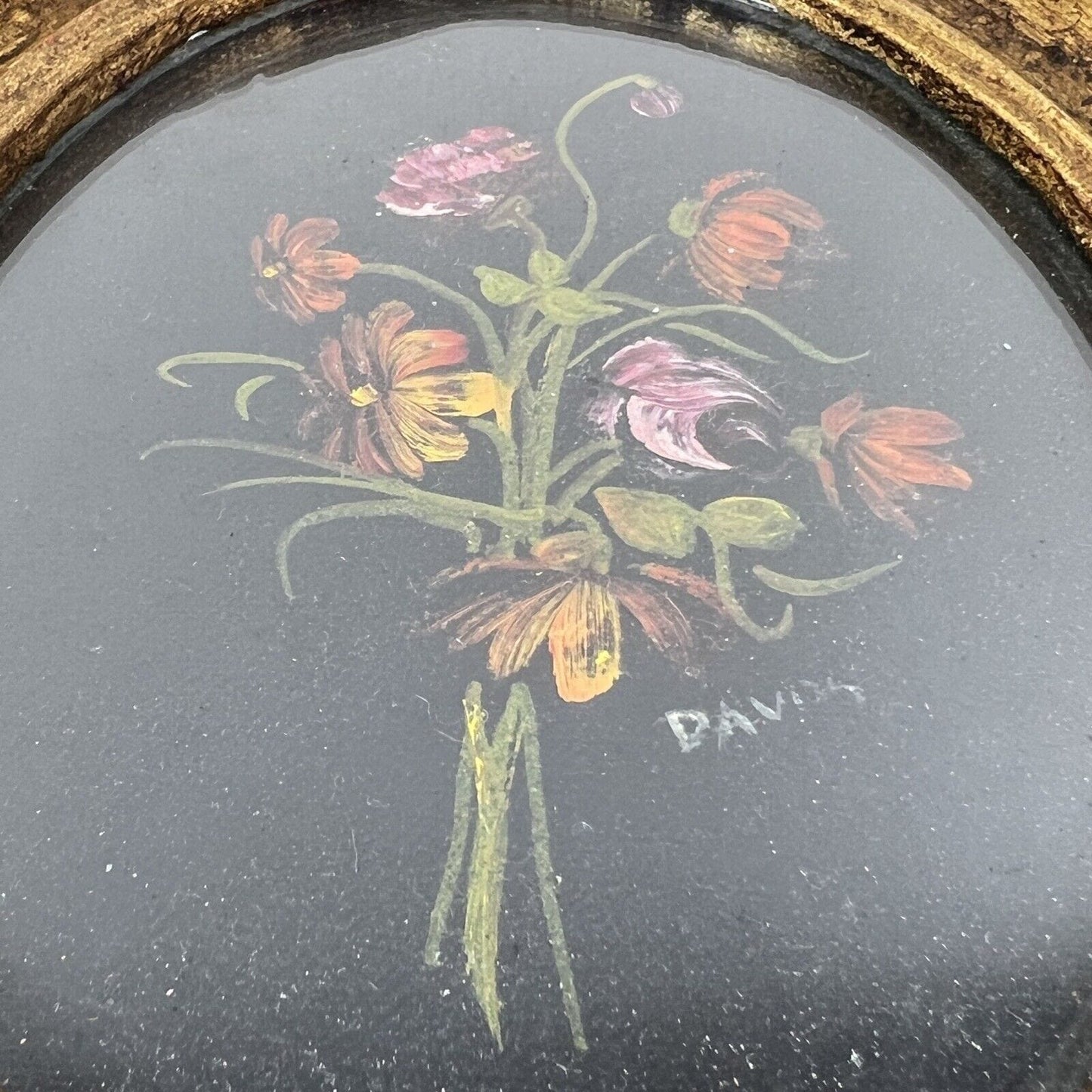 Quadro dipinto a olio firmato quadretto in miniatura ovale oro fiori antico Categoria Quadri