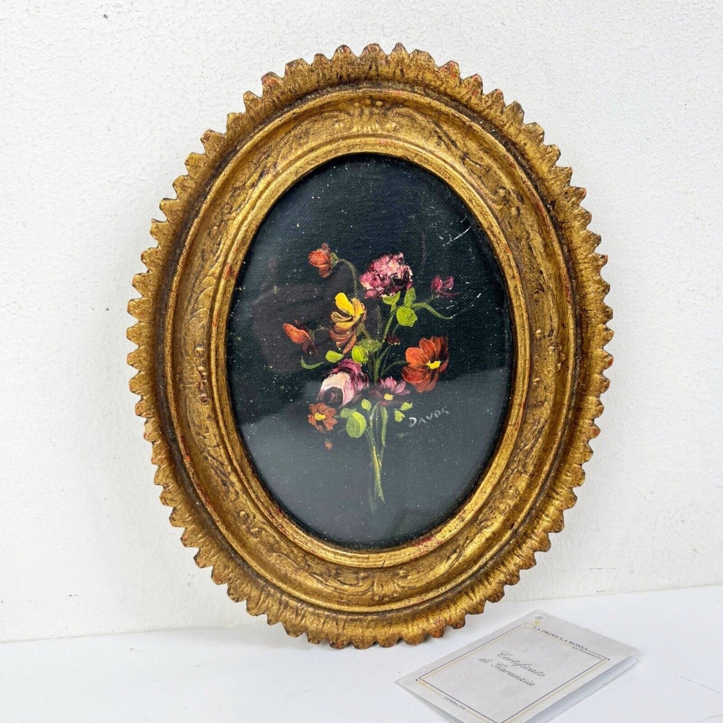 Quadro dipinto a olio firmato quadretto in miniatura ovale oro fiori antico Categoria Quadri