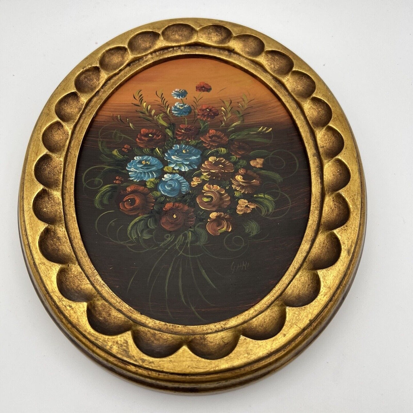 Quadro dipinto a olio firmato quadretto ovale oro fiori antico natura morta Categoria Quadri
