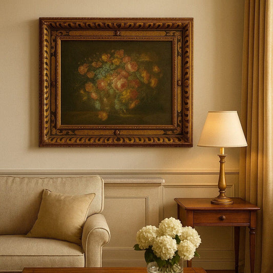 Quadro dipinto a olio su Tela 900 Stile Veneziano Natura Morta Fiori cornice oro Categoria Quadri