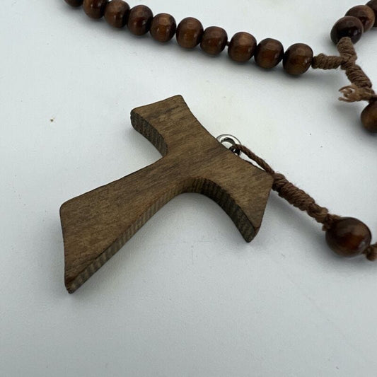 Rosario Francescano in legno vintage Crocifisso Tau Cattolico collana Decina Categoria  Oggetti sacri - rosari