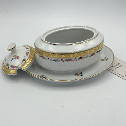 Salsiera Legumiera antica in Porcellana d'epoca Bavaria Decoro fiori e oro Categoria Zuppiere