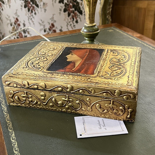 Scatola fiorentina vintage portagioie in legno gesso e oro Santa Fabiola anni 50 Categoria  Scatole in legno