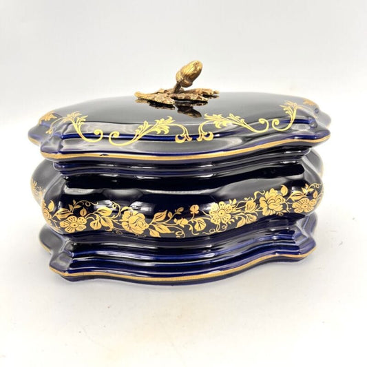 Scatola Portagioie vintage in porcellana limoges blu cobalto e oro cofanetto '50 Categoria  Ceramiche e Porcellane