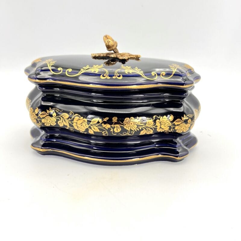 Scatola Portagioie vintage in porcellana limoges blu cobalto e oro cofanetto '50 Categoria  Ceramiche e Porcellane