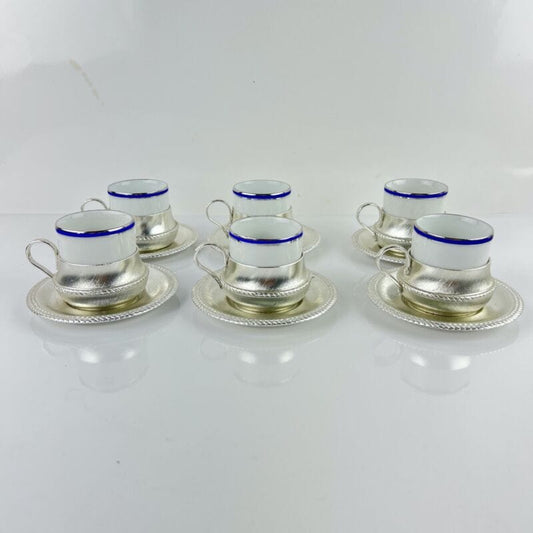 Servizio da caffe antico in ceramica tazzine anni 70 con supporto metallo argent Categoria  Ceramiche e Porcellane