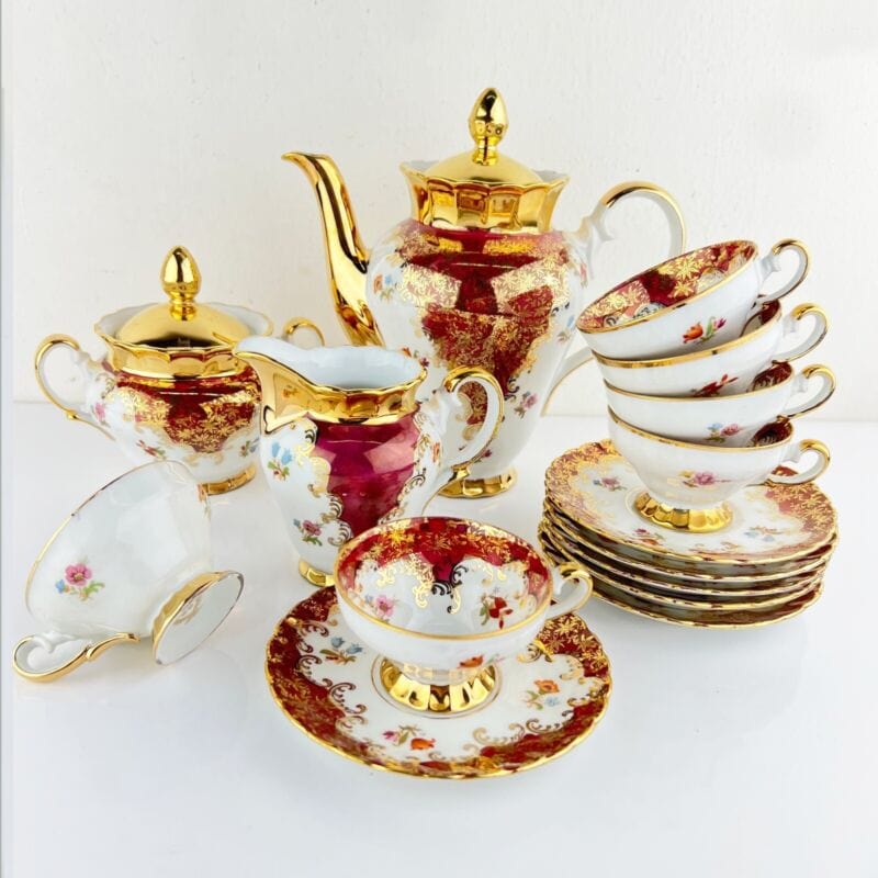 Servizio da caffe antico in porcellana Bavaria tazze tazzine a fiori e oro per 6 Categoria Servizio tazze - Tazze