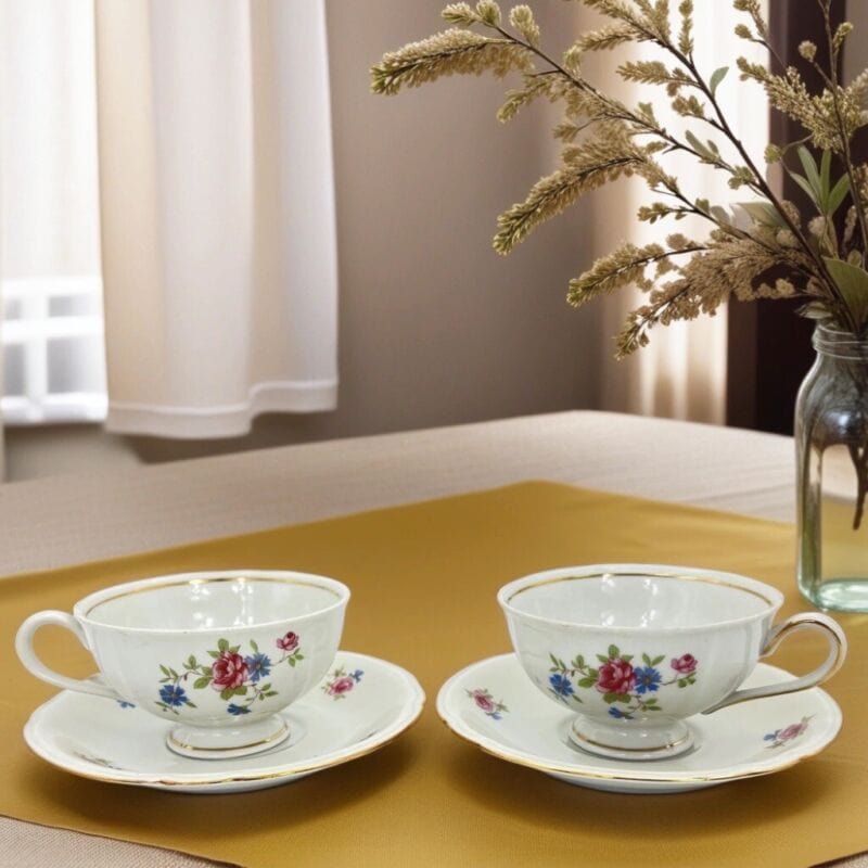 Set da tè the per due antico in porcellana Bavaria Motivo Fiori Vintage Coppia Categoria Servizio tazze - Tazze