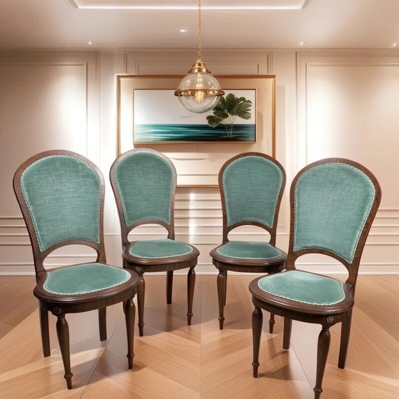 Set di quattro Sedie antiche Francesi anni 20 30 in legno sedia imbottita Verde Categoria Sedie