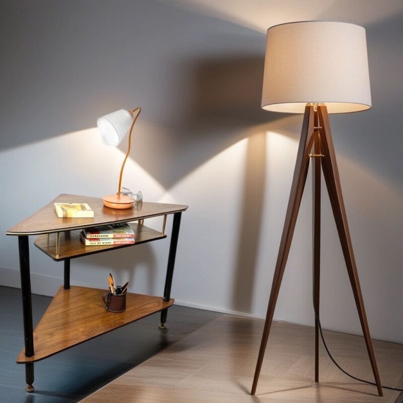 Tavolino Mid Century in legno teak mobile ad angolo tavolino con ripiani anni 50 Categoria  Vetrine