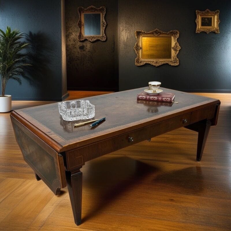 Tavolino tavolo antico da salotto basso in legno piano pelle con alette vintage Categoria  Tavoli - tavolinetti