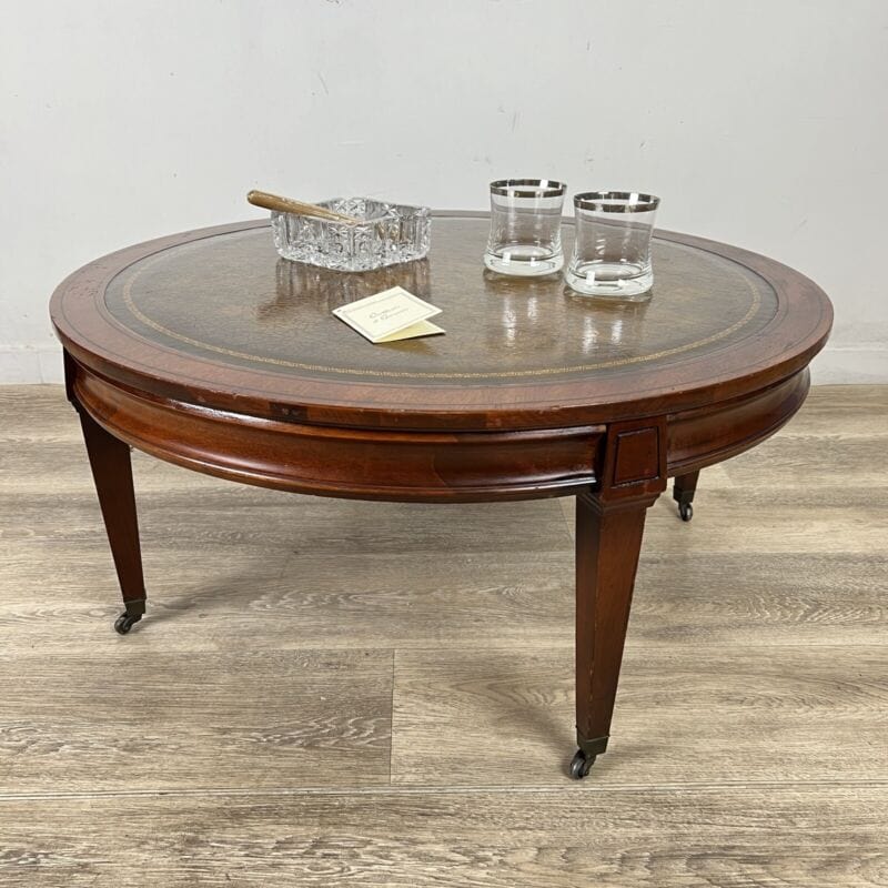 Tavolino tavolo rotondo antico da salotto basso in legno piano pelle