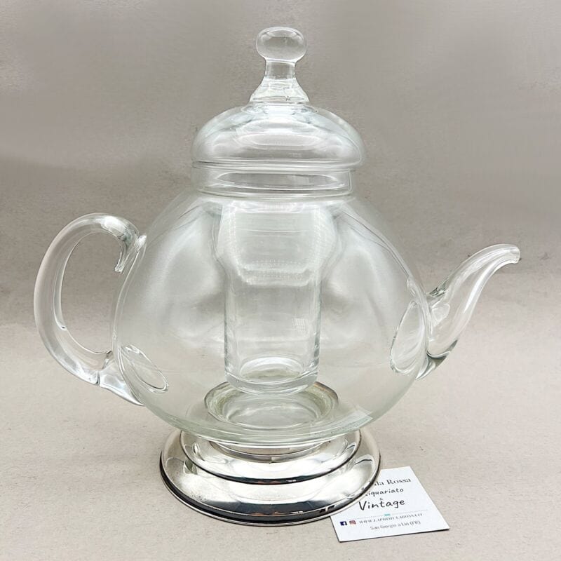 Teiera antica in vetro cristallo e argento 800 Brocca caraffa decanter vintage Categoria Ceramiche e Porcellane