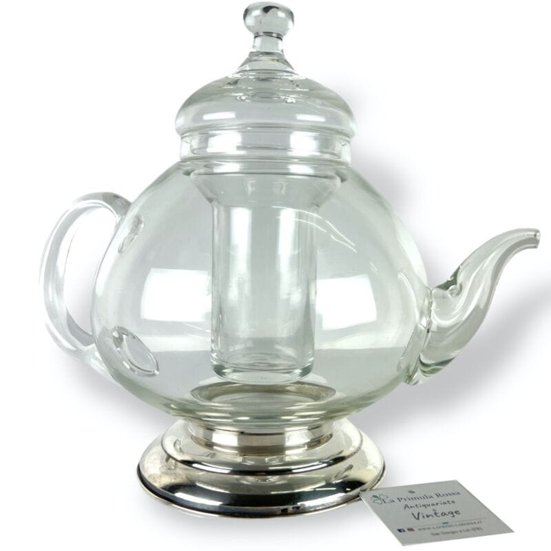 Teiera antica in vetro cristallo e argento 800 Brocca caraffa decanter vintage Categoria Ceramiche e Porcellane