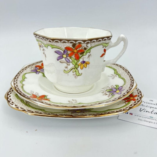 Trio da tè the antico in porcellana Inglese tazze a fiori e oro anni 30 Fenton Categoria  Servizio tazze - Tazze