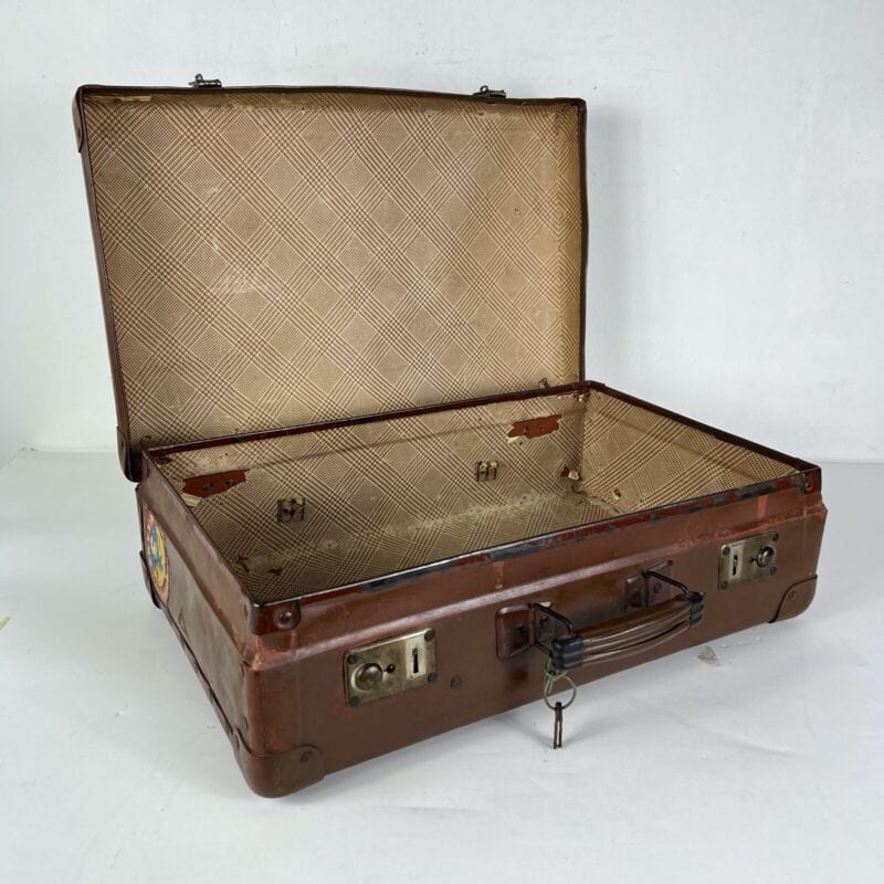 Valigia vintage anni 40 in pelle marrone Borsa Antica bagaglio da viaggio rigida Categoria Vintage