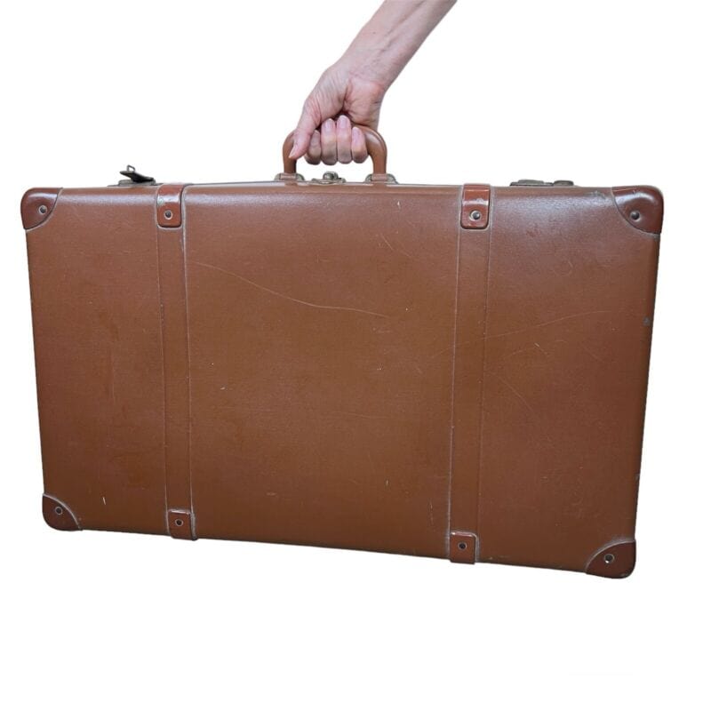 Valigia vintage anni 40 in pelle marrone Borsa Antica bagaglio da viaggio rigida Categoria Vintage