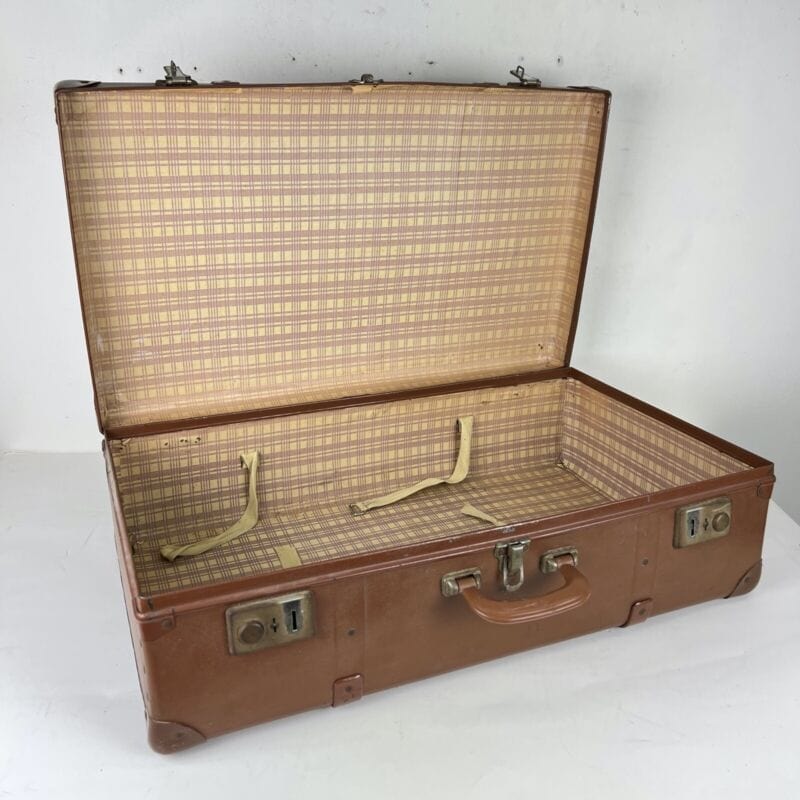 Valigia vintage anni 40 in pelle marrone Borsa Antica bagaglio da viaggio rigida Categoria Vintage