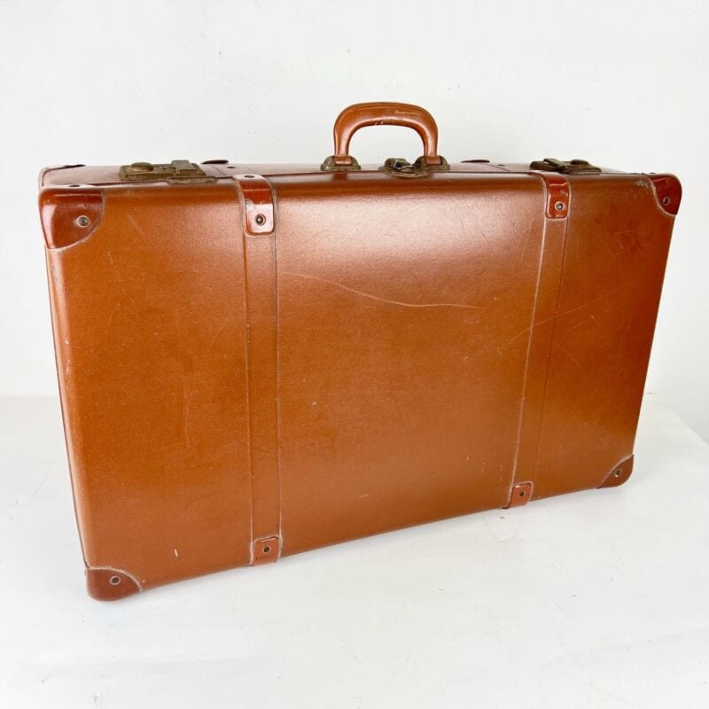 Valigia vintage anni 40 in pelle marrone Borsa Antica bagaglio da viaggio rigida Categoria Vintage