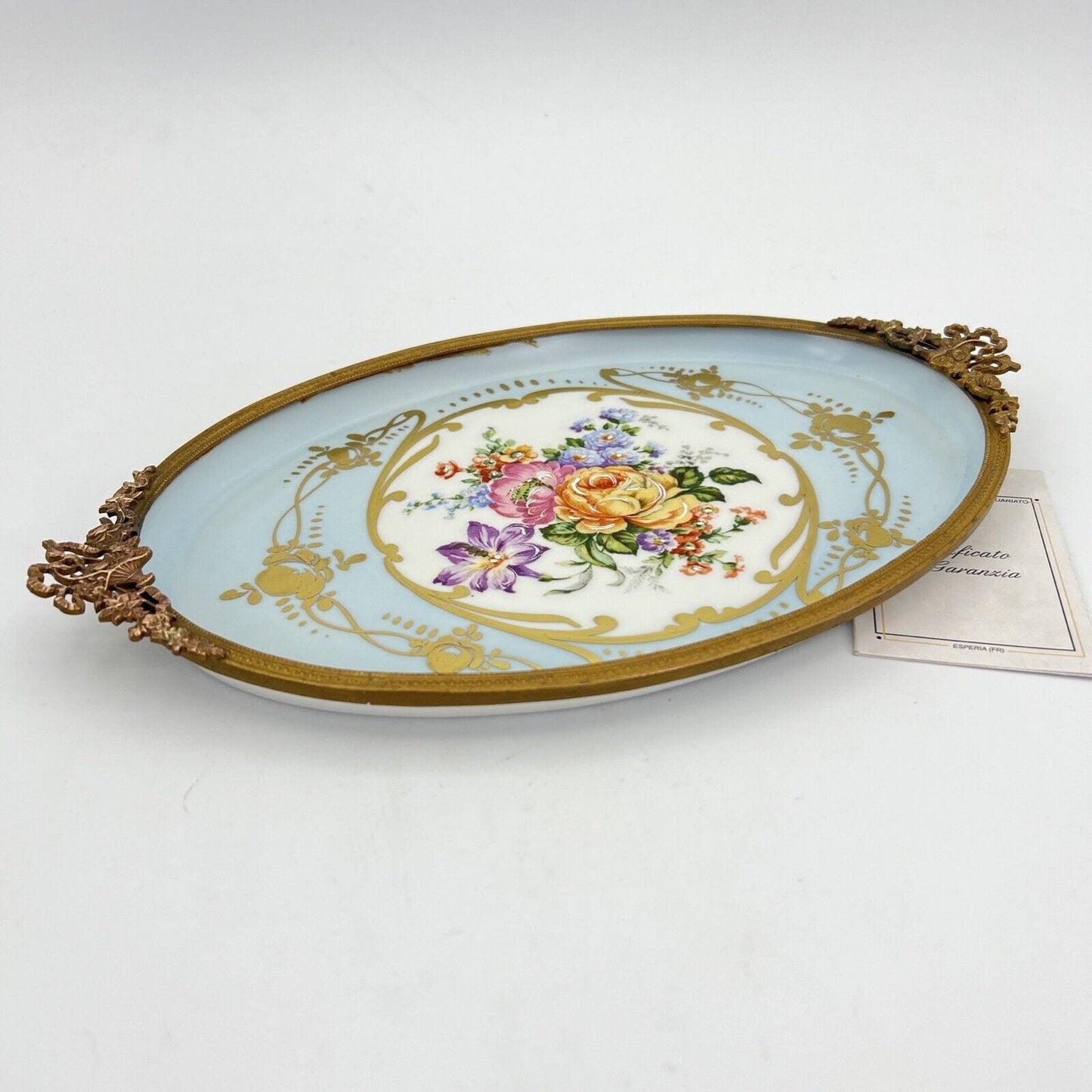 Vassoietto piatto vassoio vintage antico in porcellana Limoges e ottone fiori Categoria Piatti Vassoio
