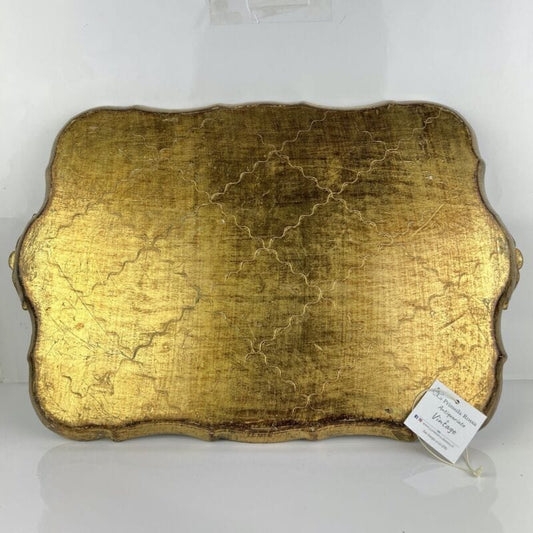 Vassoio In Legno Vintage Fiorentino Grande Guantiera Piatto Da Portata Oro Verde Categoria Complementi d'arredo