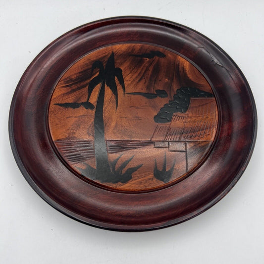 Vassoio rotondo Stile etnico vintage in legno massello Intarsiato Palme Categoria Vassoi