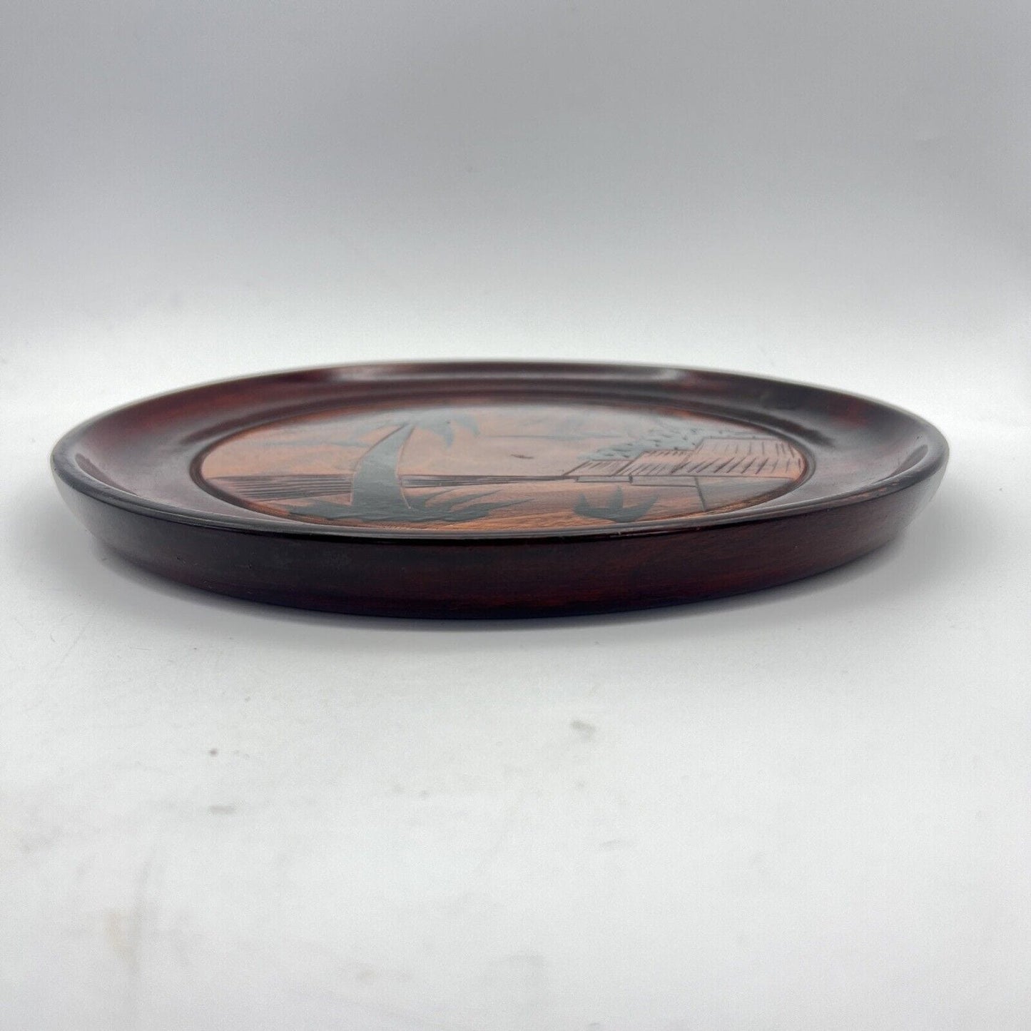 Vassoio rotondo Stile etnico vintage in legno massello Intarsiato Palme Categoria Vassoi