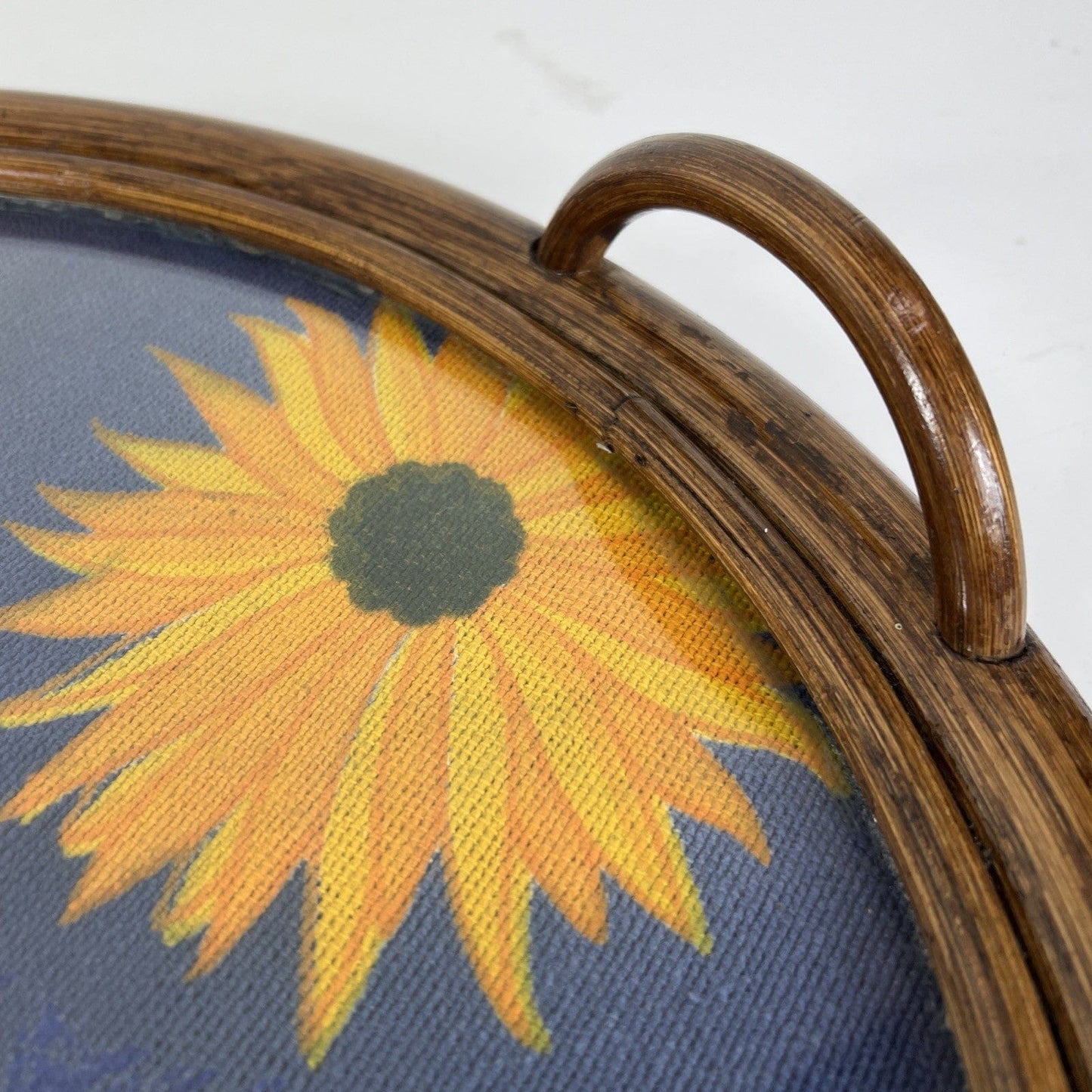 Vassoio Vintage in legno di Bambu anni 70 con tessuto Girasoli guantiera Bamboo Categoria Vassoi