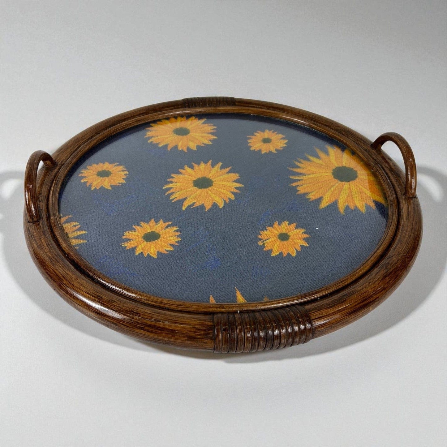 Vassoio Vintage in legno di Bambu anni 70 con tessuto Girasoli guantiera Bamboo Categoria Vassoi