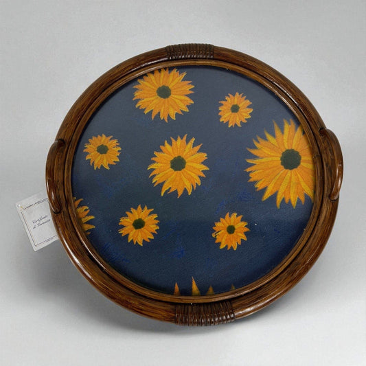 Vassoio Vintage in legno di Bambu anni 70 con tessuto Girasoli guantiera Bamboo Categoria Vassoi