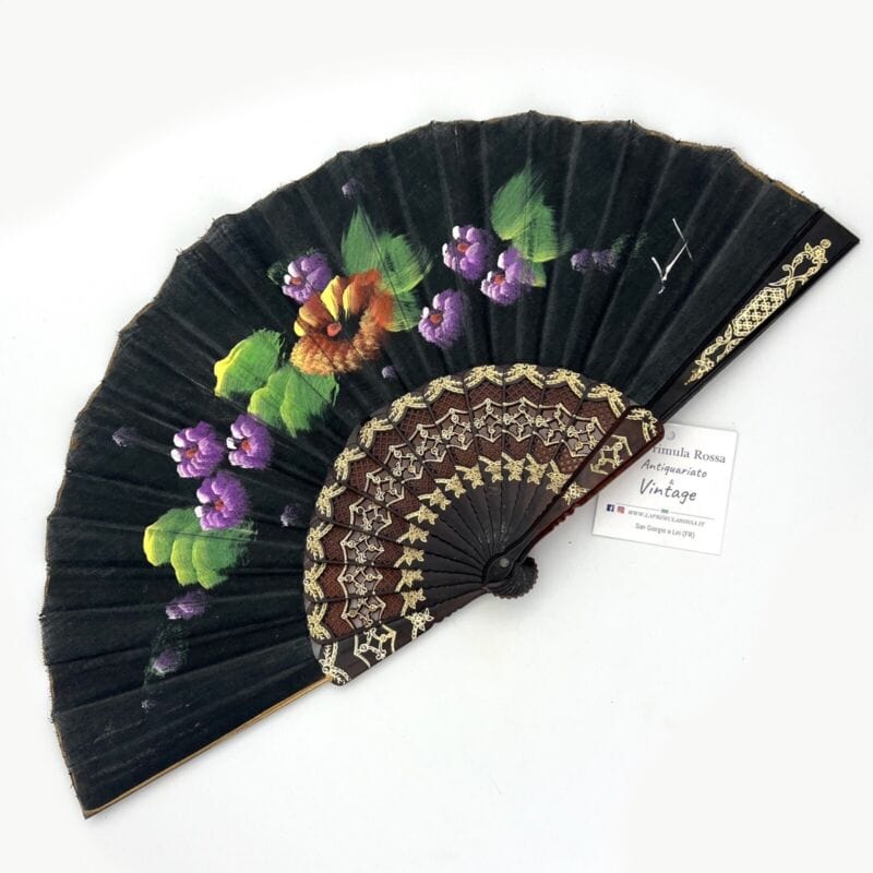 Ventaglio giapponese vintage pieghevole per signora in stoffa dipinto a fiori Categoria Ventagli