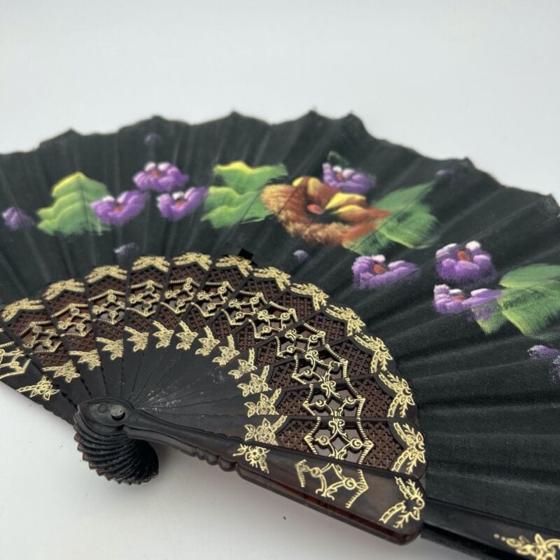 Ventaglio giapponese vintage pieghevole per signora in stoffa dipinto a fiori Categoria Ventagli