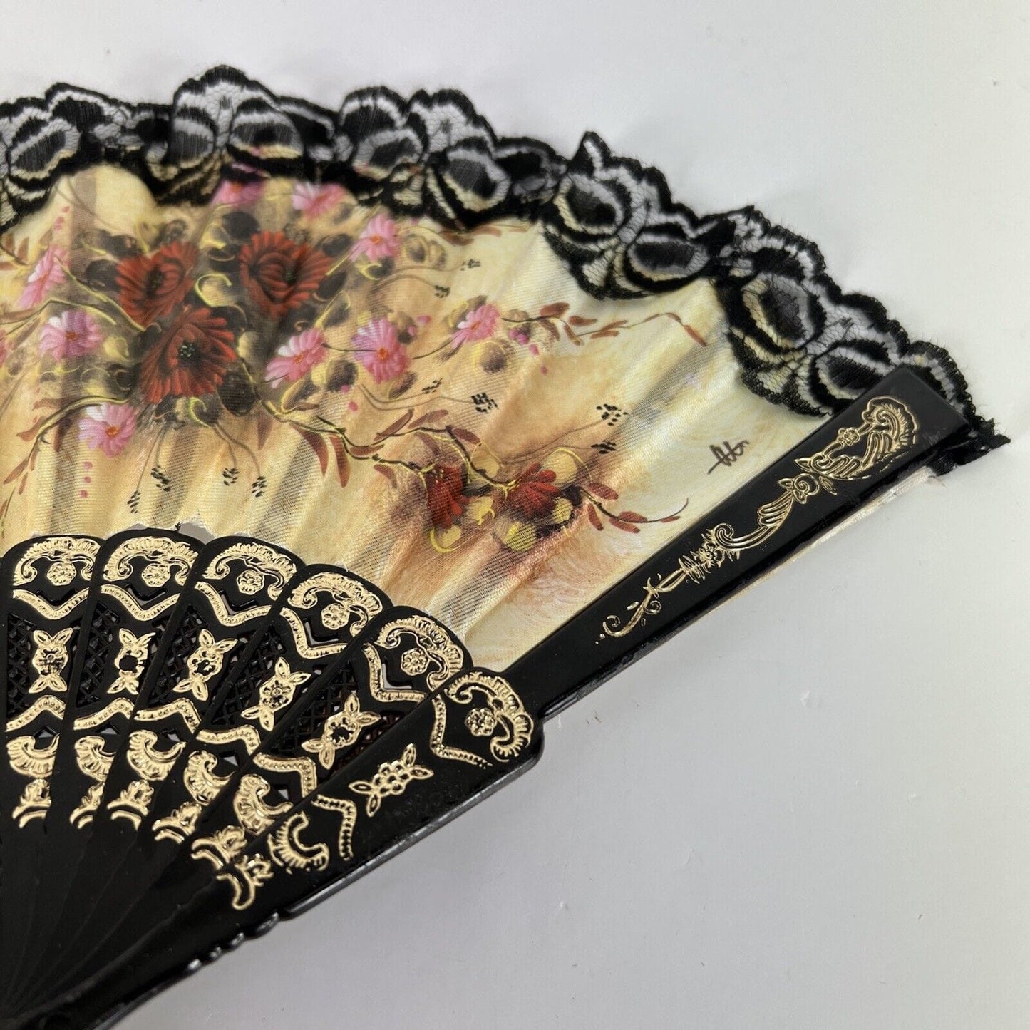 Ventaglio giapponese vintage pieghevole per signora in stoffa dipinto merletto Categoria Ventagli