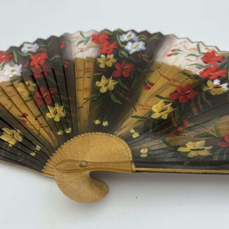 Ventaglio pieghevole Vintage Spagnolo per signora in legno stoffa dipinto fiori Categoria Ventagli